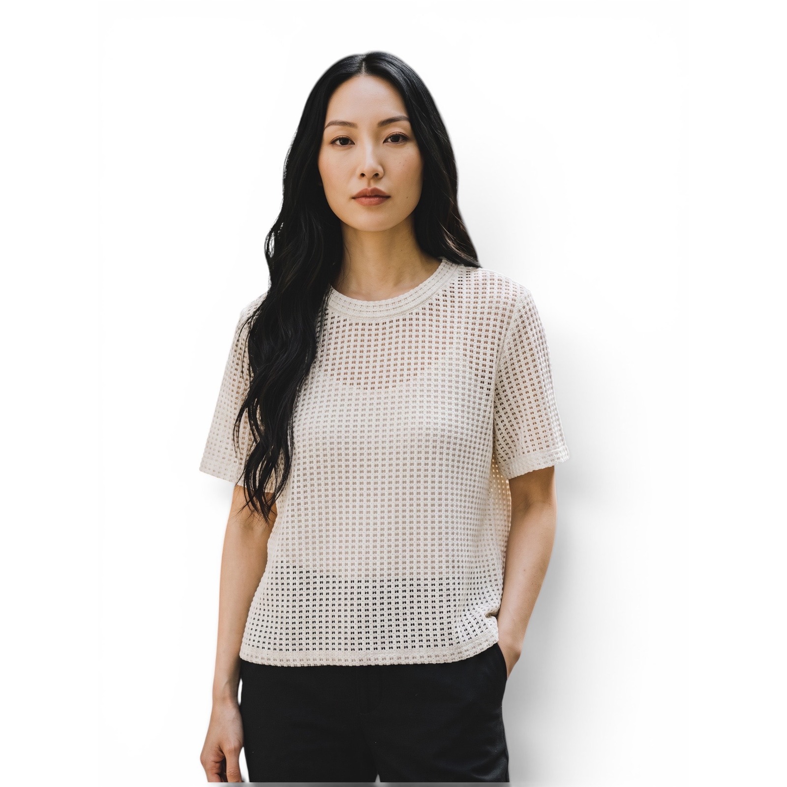Vince Camuto Womens Cream Open Stitch Grid Knit Short Sleeve Crew Neck Top M